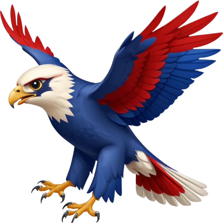 a falcon crashing toward the ground, beak open, talons out, intense expression, falcon colored red, white, and blueish emoji