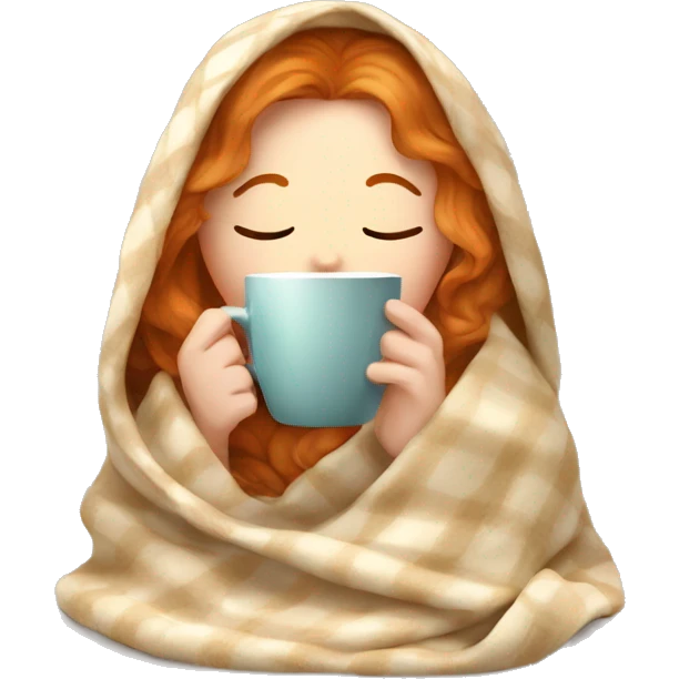 Ginger girl inside a blanket sipping coffee eyes closed emoji