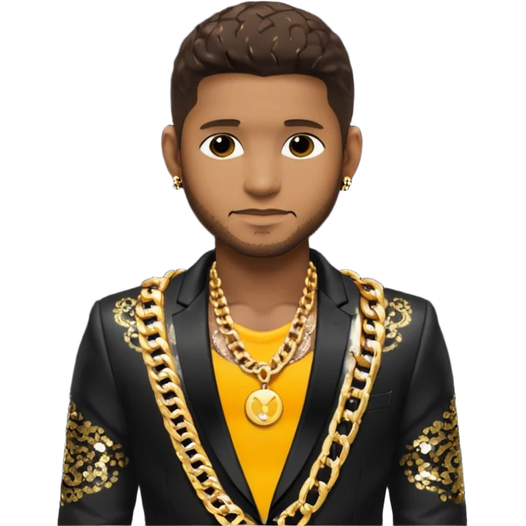 Usher with dark brown hair, black sequin suit jacket, shirtless with necklace emoji
