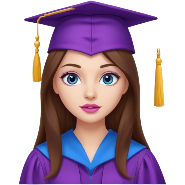 girl with beautiful very long brown hair, blue eyes, long lashes makeup, sexy pink lips, wearing a purple graduation cap and gown emoji