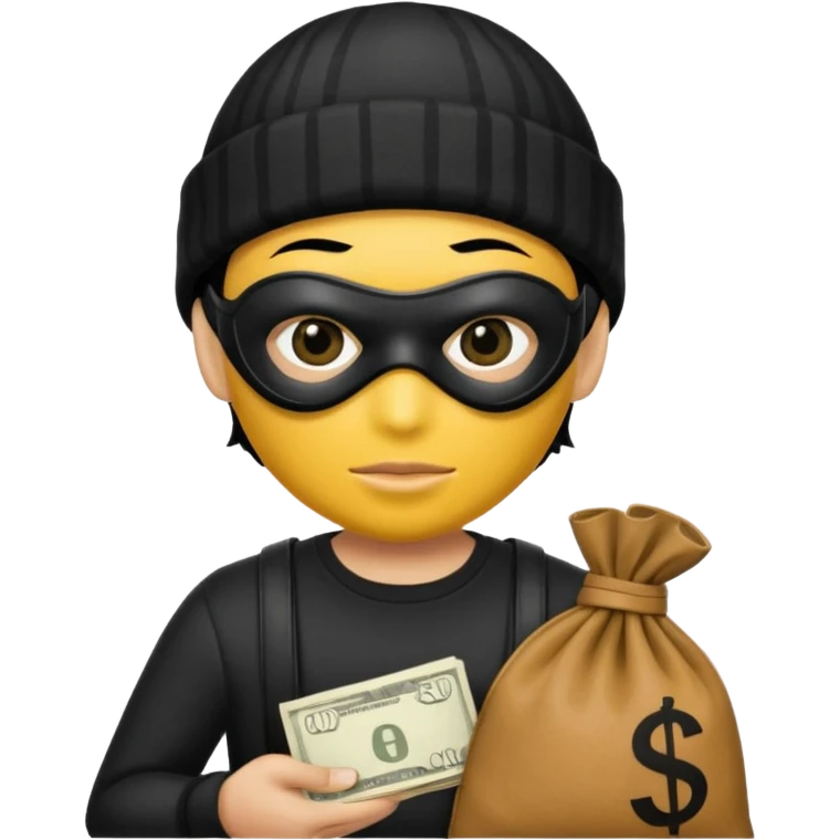 A yellow guy with a black beanie white shirt with black stripes a black mask for it's eyes and holding a money bag with yellow hair emoji