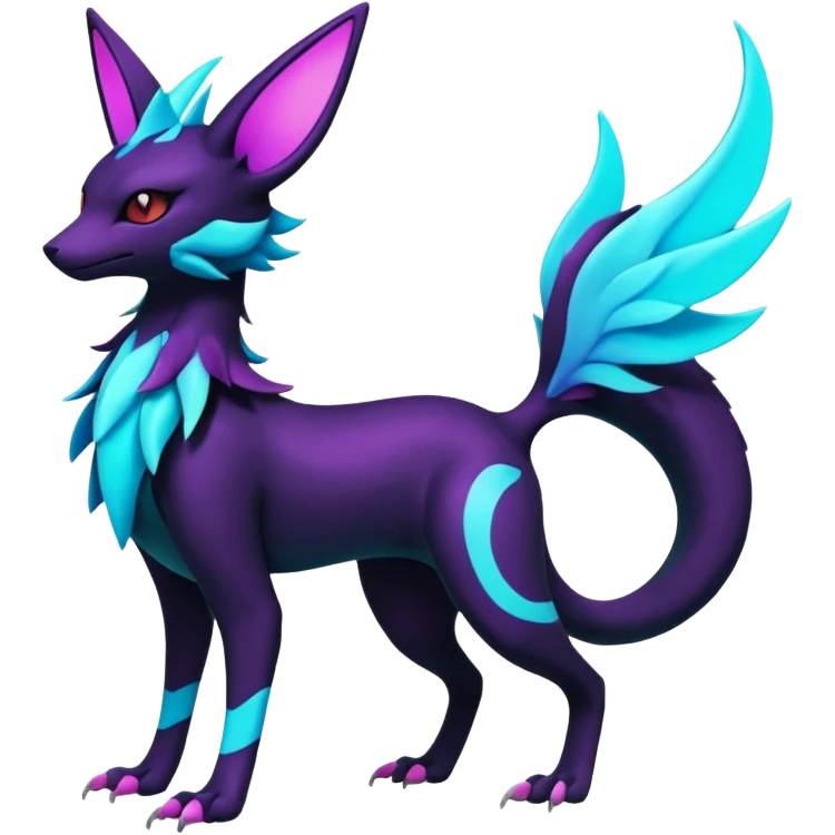 Colorful scaly flurry bioluminescent dark gloomy ghoulish spooky dull dusky translucent neon edgy cool dark edgy Latias-Sergal-Vernid-feline-Umbreon-Sylveon-Bastet-Fakémon-hybrid-fusion-creature, full body emoji