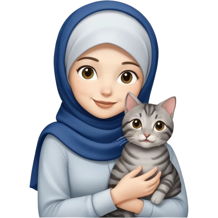 White girl wearing dark blue hijab with white shirt smiling while holding a black grey tabby cat emoji