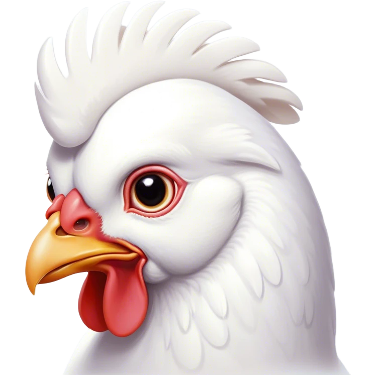 Cinematic Noble White Chicken Portrait Emoji, Poised and regal, with a compact, sturdy build and a pristine, well-groomed pure white plumage, deep-set soulful beady eyes, Simplified yet sharp and sophisticated features, highly detailed, glowing with a soft, dignified glow, high shine, intelligent and alert, stylized with an air of barnyard elegance, focused and attentive, soft glowing outline, capturing the essence of a watchful and confident fowl, so majestic it feels as though it could strut out of the screen with effortless authority! emoji
