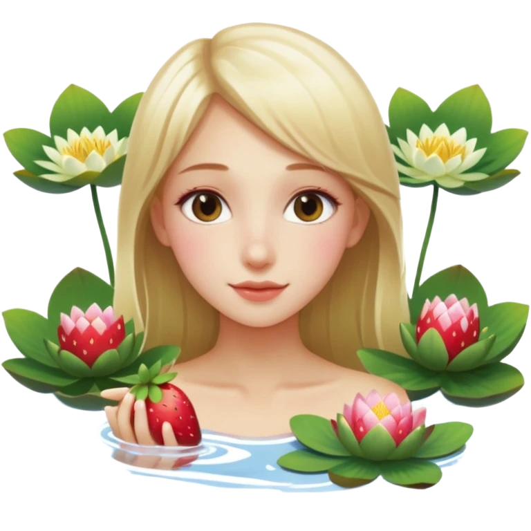 a beautiful girl mix with  watel lili and  Strawberries  being born with an nenuphar on her light hair emoji