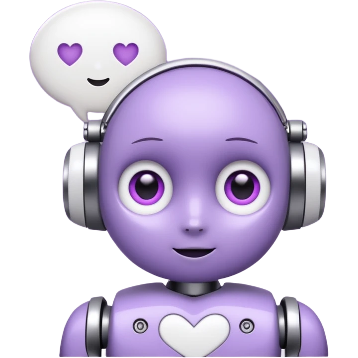 bot in flieder mit herzaugen in weiß mit sprechblase wo steht - lass uns Content erstellen emoji