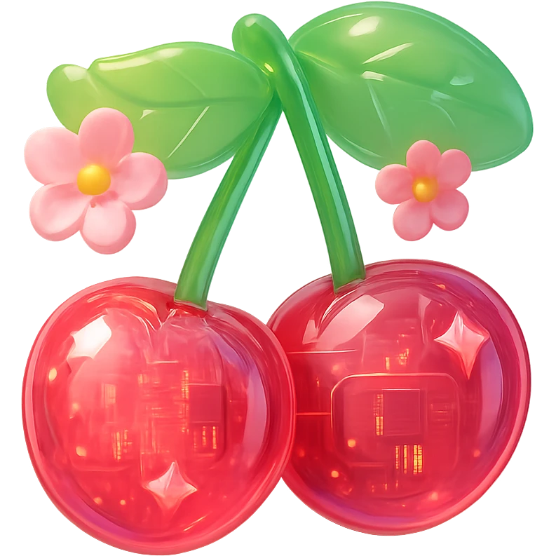 3D iOS-style illustration of two bright pink cherries with green leaves and pink flowers, glossy and realistic, soft lighting, no background. emoji