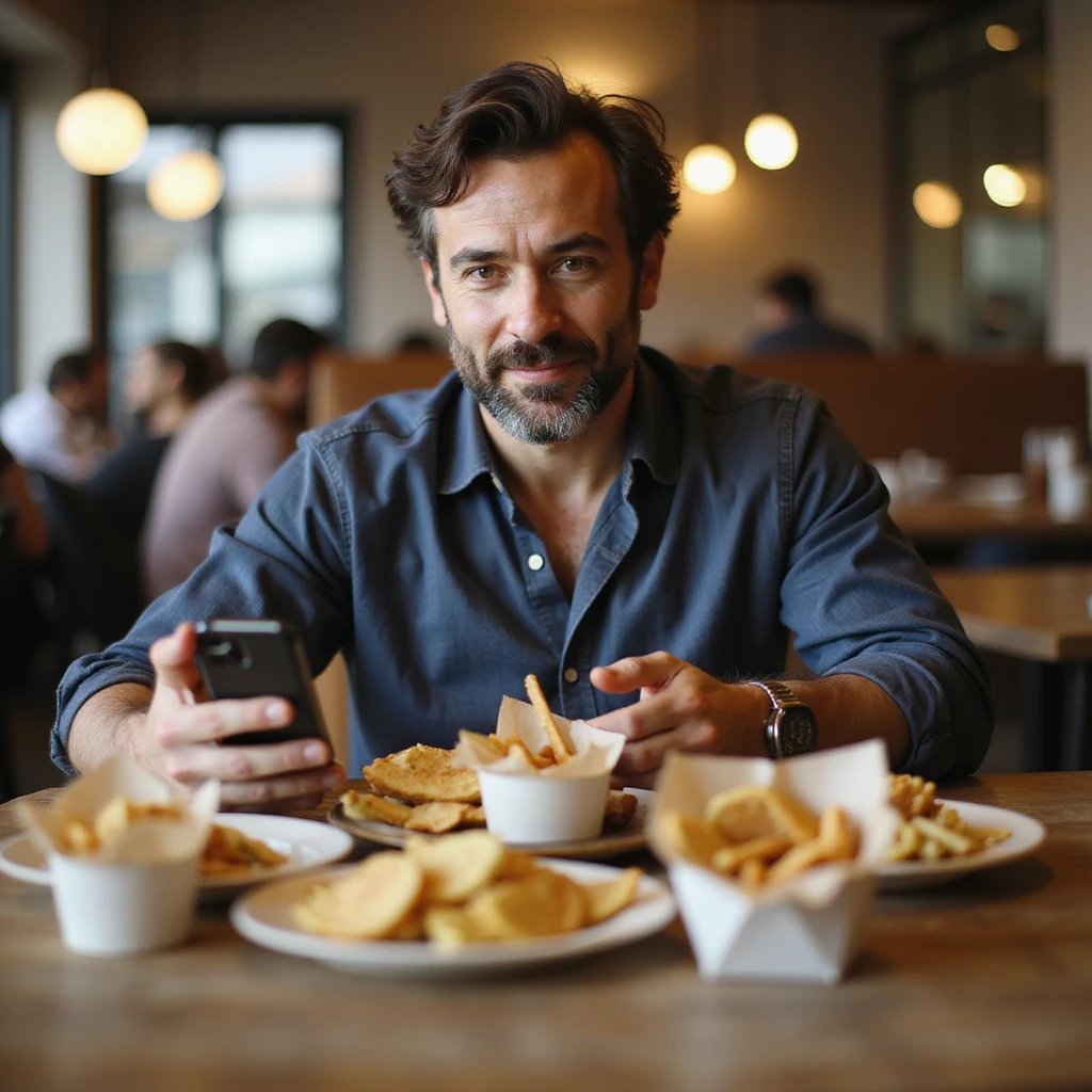 Uomo che ordina spesso cibo a domicilio tramite app, sacchetti di fast food sul tavolo, smartphone in mano, testo in italiano: 'Cibo pronto, zero fatica'. emoji