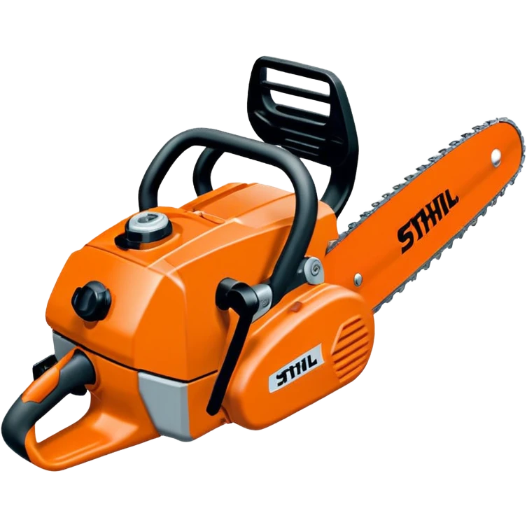 Kettensäge Stihl MS500i von der Seite, mit gut sichtbarem Stihl-Logo, orange-graue Farben, einfacher Emoji-Stil emoji