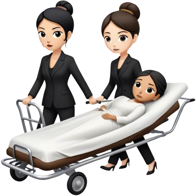 Two woman in black pants suits. One has black hair in a bun and one has brown long hair. They are pushing a stretcher with a dead body on it covers in sheets in to a black funeral Mercedes Vito car  emoji