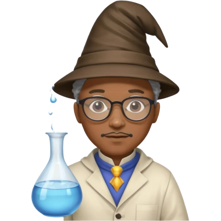 black scientist with glasses, wearing wizard hat custome, with glass vase emoji