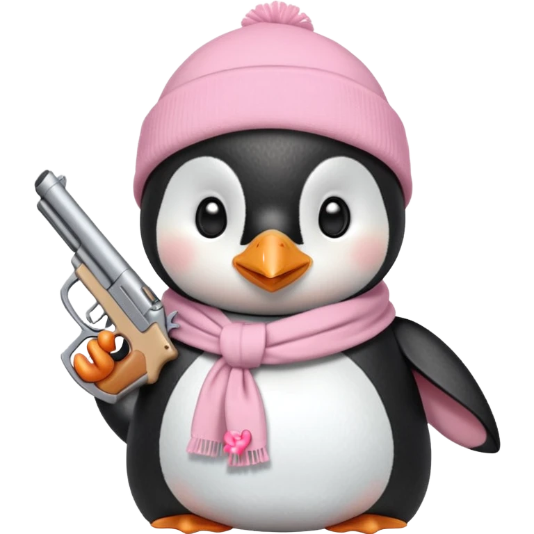 cute penguin wearing light pink bow scarf and holding light pink gun  emoji