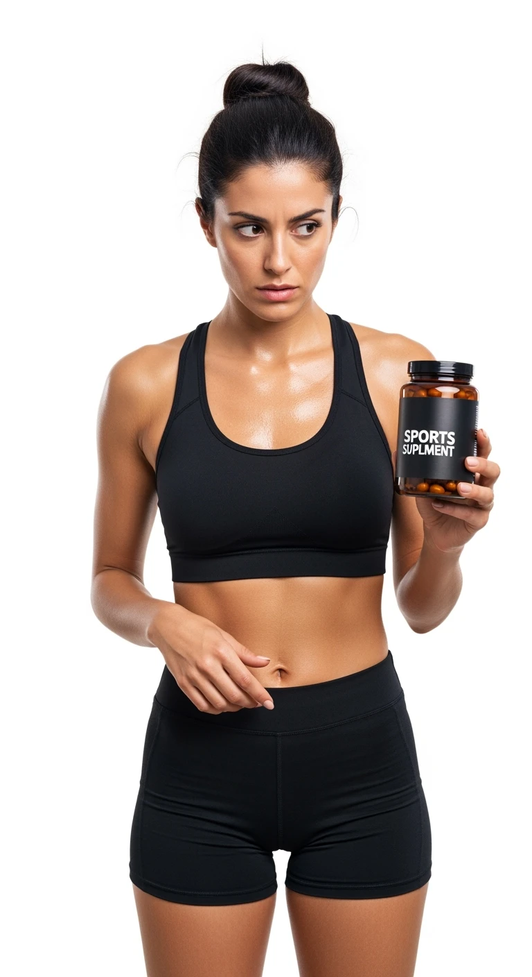 DONNA FITNESS ITALIANA INDECISA CON BARATTOLO DI INTEGRATORE IN MANO, REALISTICA 4K, ISOLATA SU SFONDO BIANCO emoji
