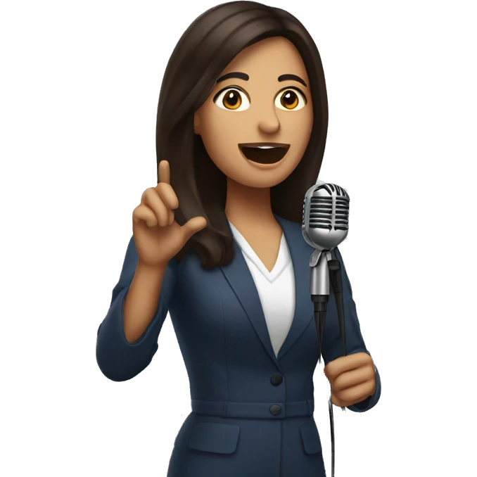 brunette woman speaking with microphone on stage emoji
