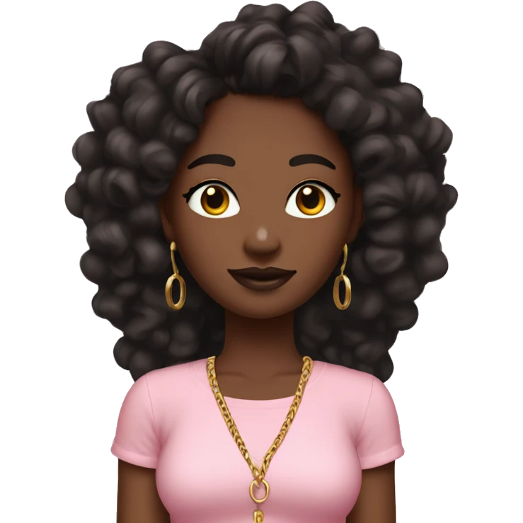 medium to dark black teenie with brown braids + make up and gold hoops in a pink ruffle shirt emoji