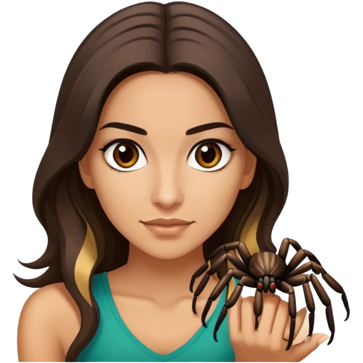 Attractive and athletic Mexican woman in her 20s with long dark brown hair with some blonde highlights, with a tarantula emoji