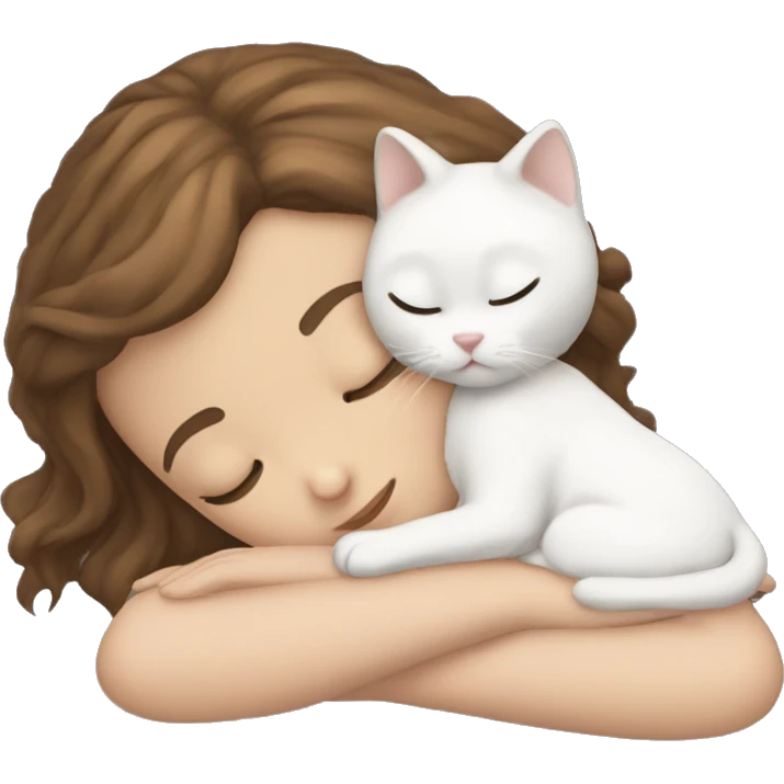 White girl brown hair sleeping with white kitty black spot  emoji