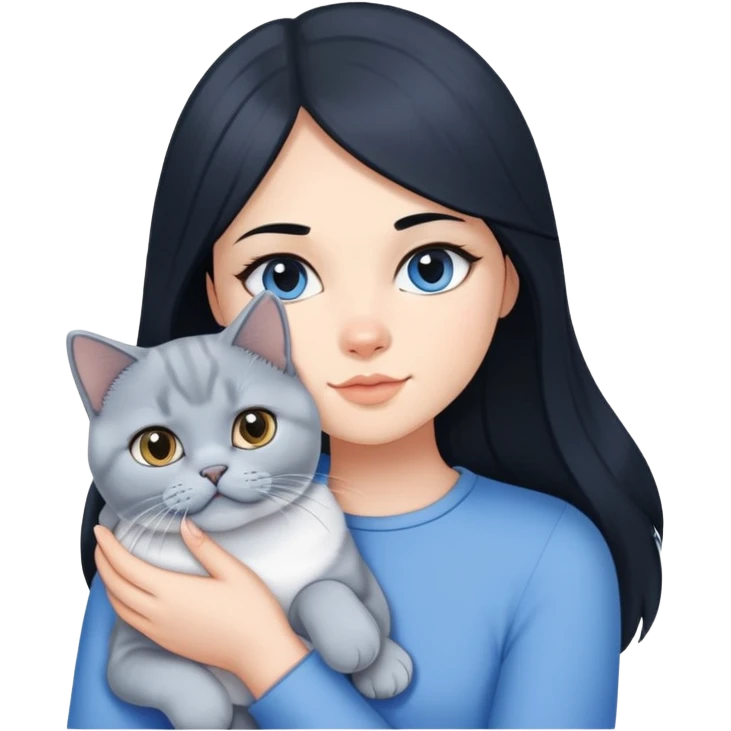A girl with long black hair is holding a blue and white British shorthair emoji