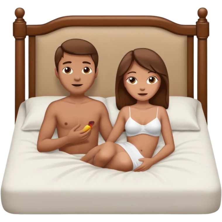 naked mixed man fucks naked woman. Botha of them are having sex on the bed. Action is showed in full height. she is brown hair . she is little boobs. hot scene emoji
