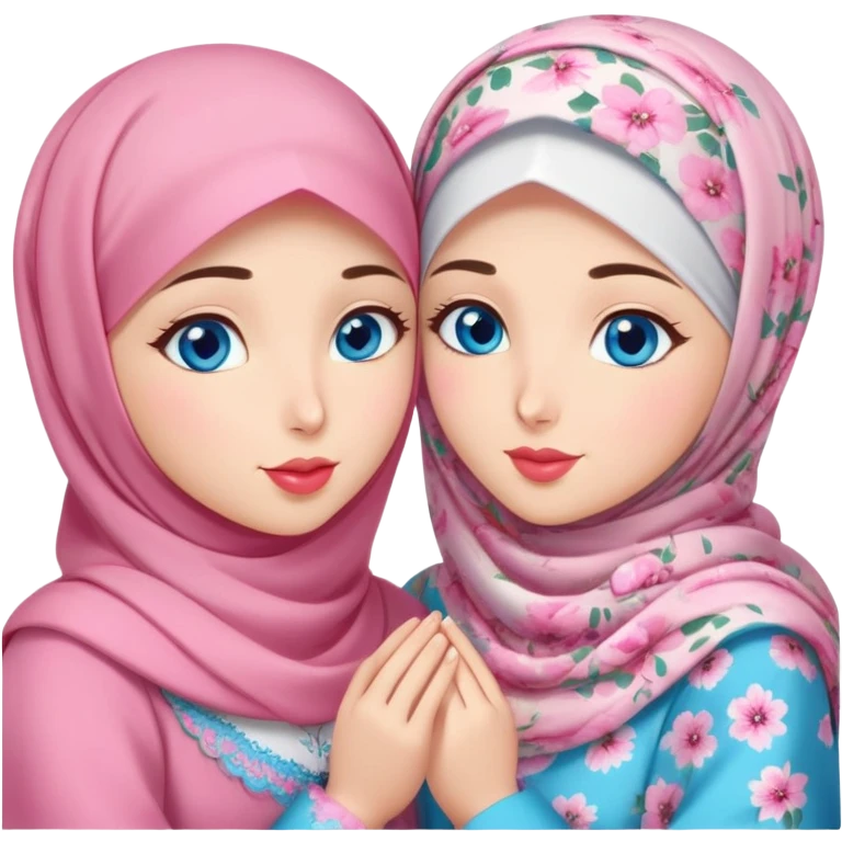 Two friendly Turkish girls beautiful finish Konya blue eyes with pink floral hijab and heart dress and Scattering kisses outside  emoji