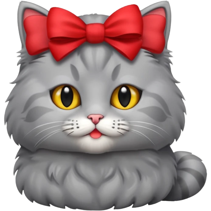 Fluffy grey kitty lying with a red bow emoji
