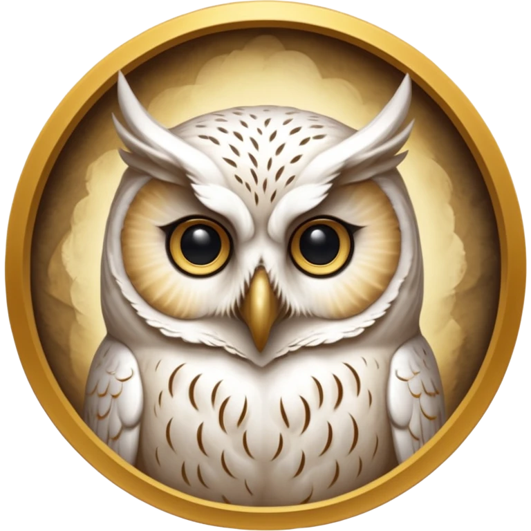 portrait of an ancient owl spirit known as “The White Owl of Oaths.”
Pale owl face emerging from mist and shadow.
No visible pupils, eyes glow softly gold or appear as deep void. 
Bone-white, warm gold, and soft shadow tones.
Centered, icon-style framing, limited palette emoji