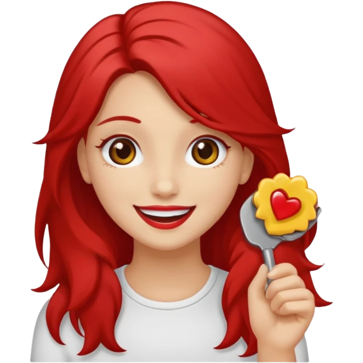 un sticker gracioso de una chica con un pintalabios en la mano de 18 años, de piel blanca con el pelo liso, largo y pelirrojo, ojos marrones emoji