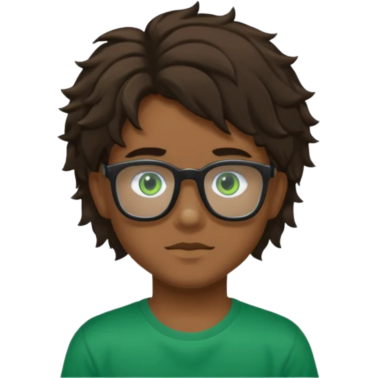 Garçon brun avec des cheveux ondulés courts, peu légèrement bronzée, des yeux verts foncés, un t shirt noir et des lunettes rectangulaires transparentes emoji