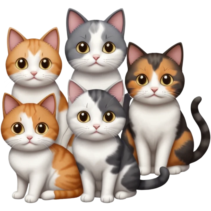 5 different coloured short haired cats including; a dark brown and white cat, and a dark grey and white, and a calico emoji