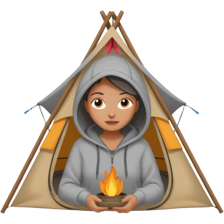 A woman in a cozy hoodie arranging items inside her tent. emoji