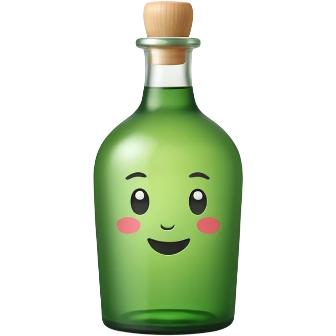 A clean, cute emoji-style green soju bottle, small Korean soju bottle with green glass, simple label in Korean style, minimal flat design, soft shading, centered, white or transparent background, high contrast, rounded friendly emoji look, 1:1 aspect ratio, app icon style emoji