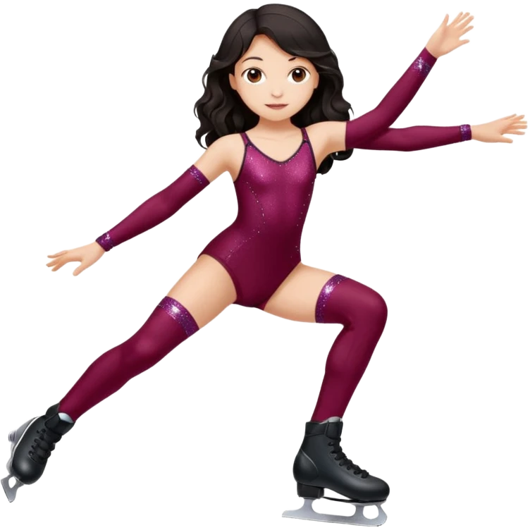 Una patinadora de 12 años y es morena de pelo y lleva un mallott granate con brillos y esta patinando con patines de ruedas en linea y su piel es clara y el pelo es largo negro ondulado emoji