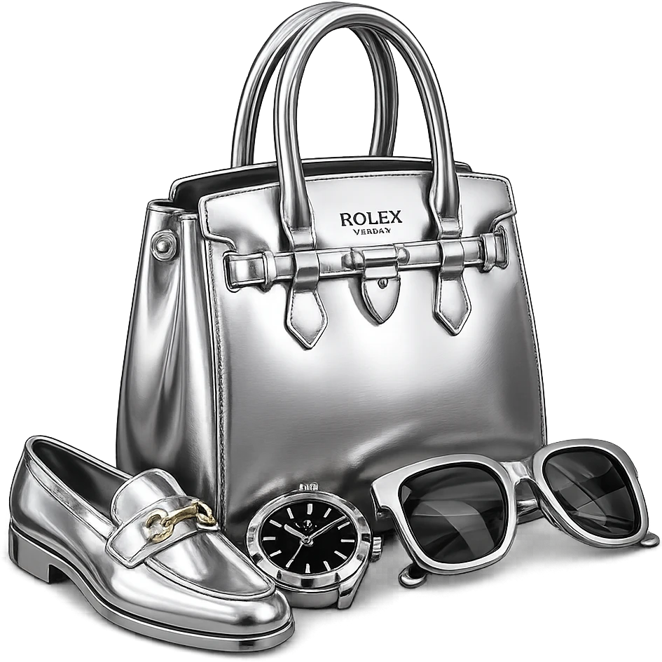 Transform the image to chrome 3D style with color. Make the gold parts black and white, the shoe white and gold, the watch black and gold, and the glasses black and gold. Keep all items highly reflective and metallic. Remove the background. emoji