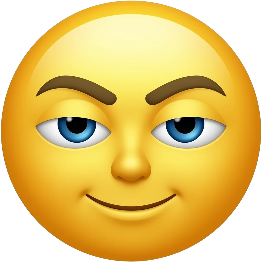 Emoji estilo WhatsApp com rosto amarelo clássico, expressão neutra com sobrancelhas muito bem marcadas, arqueadas e definidas, olhos semicerrados com leve atitude, boca com leve sorriso de confiança. emoji