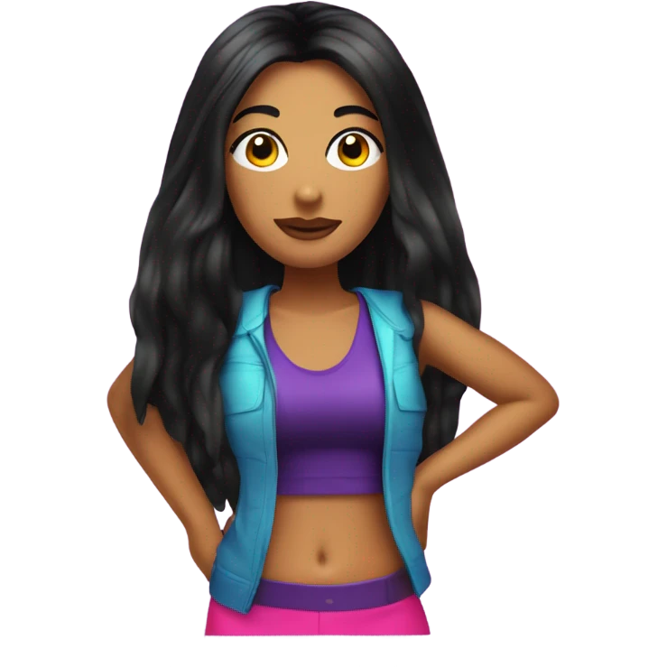 Tanned woman with long black hair dressed in Y2K pop hair, makeup, and neon attire emoji
