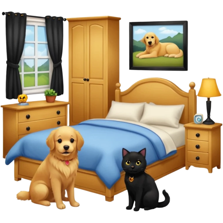 1 golden retriever and 1 black cat in a bedroom emoji
