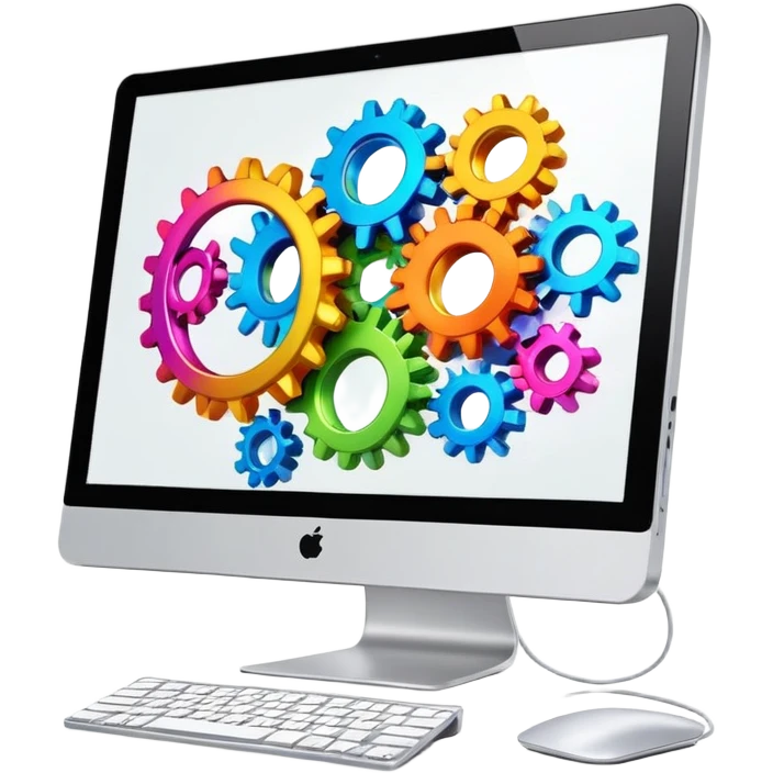 iMac computer with colorful gears on the screen emoji