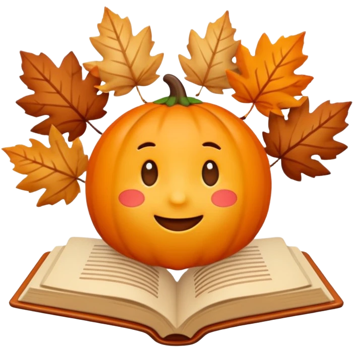A cute 3D emoji autumn leaves around it, cozy fall colors (orange, brown, beige), playful and modern style, glossy finish, minimalistic but expressive, symbolizing a Fall Reading Challenge. emoji