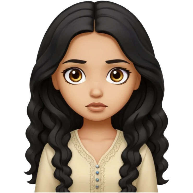 a pretty tan bratz girl with long wavy black hair, wearing a light kurti. looking sad emoji