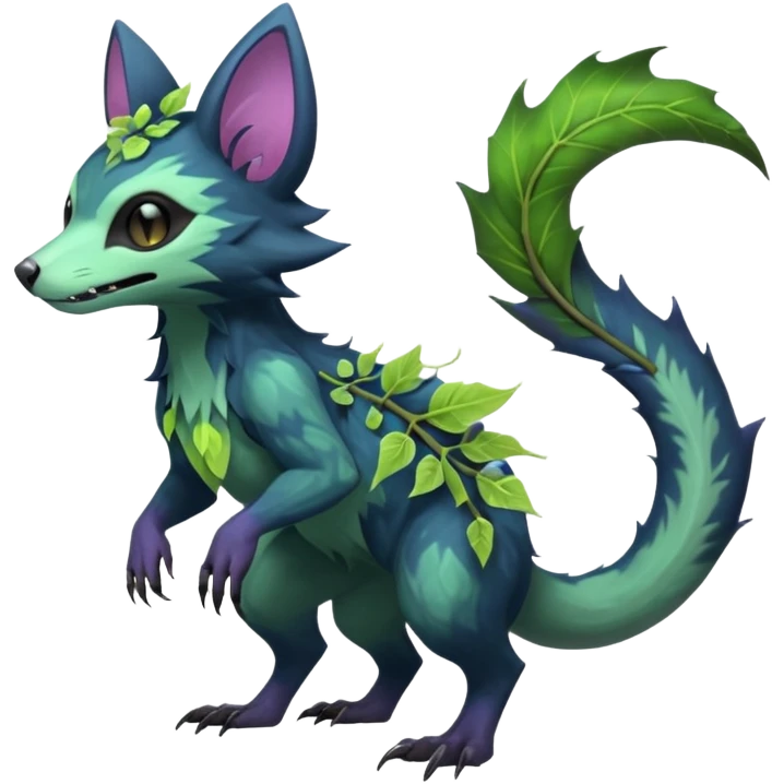Realistic Sharp swampy mossy elemental ivy floral detailed Colorful translucent luminescent glowing Trico-Noibat-batty-Sergal-Furret-Ferret-Wolverine-Vernid-furry-fursona-fusion-Fakemon-animal-hybrid-creature, full body emoji