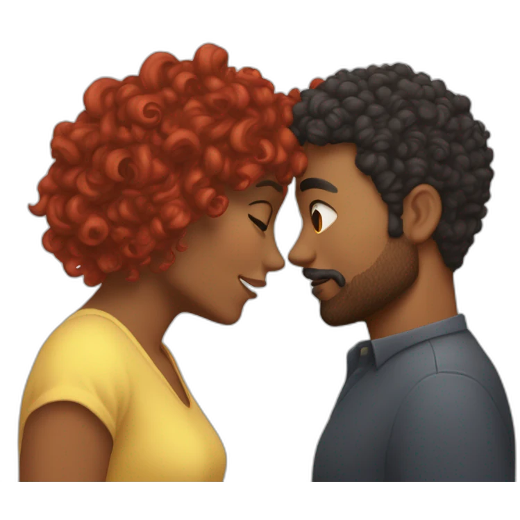 Brown man with a hair cut fade and a beard kissing a White woman with long red curly hair emoji