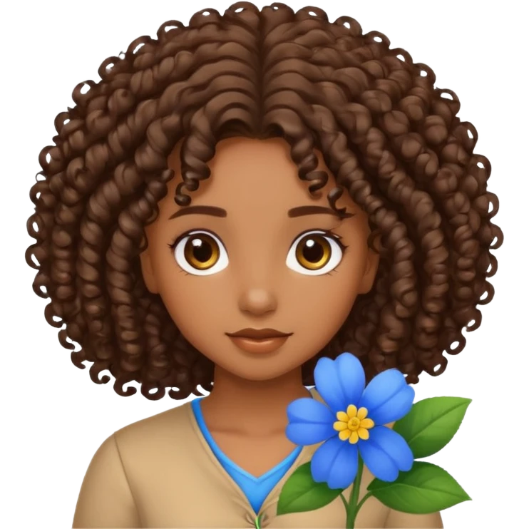 Qro uma moça morena de cabelo cacheado com uma flor azul no cabelo emoji
