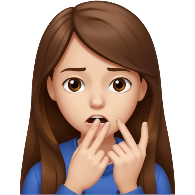 emoji de chica joven, pelo largo castaño, mordiéndose la uña emoji
