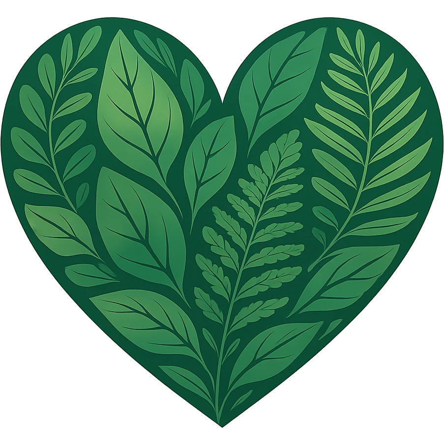 heart with a forest theme, leaves and ferns, clean digital illustration emoji