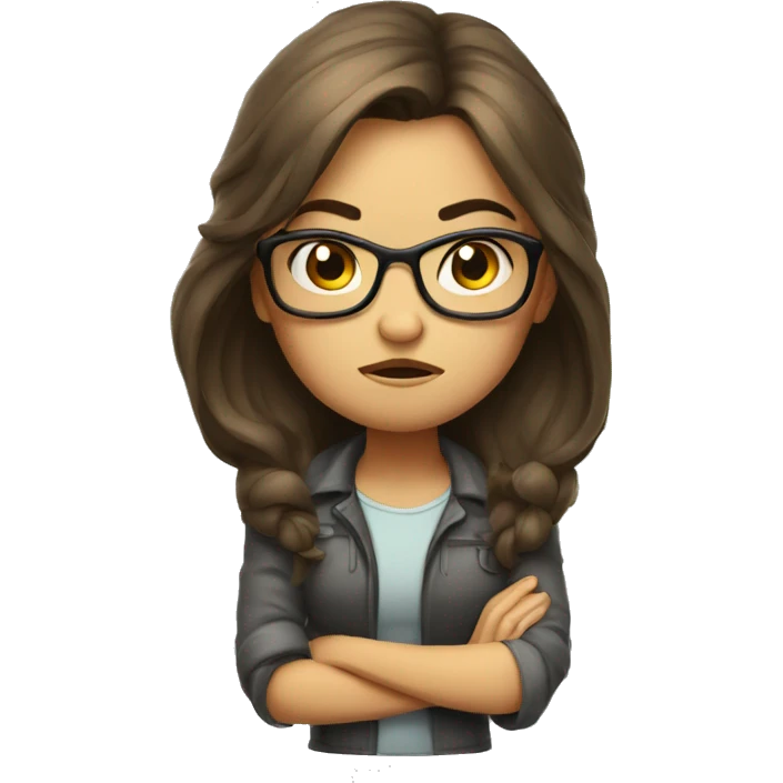 Angry scowling girl, long hair, wearing glasses, with arms crossed over chest. emoji