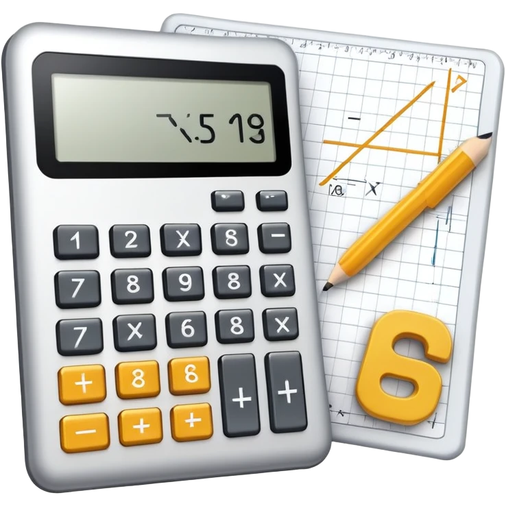 An icon featuring mathematical formulas, a calculator, geometric shapes, and the golden ratio with calculations, symbolizing mathematics. The design includes a ruler, and a graph, representing the study of numbers, equations, and spatial relationships. Transparent background emoji