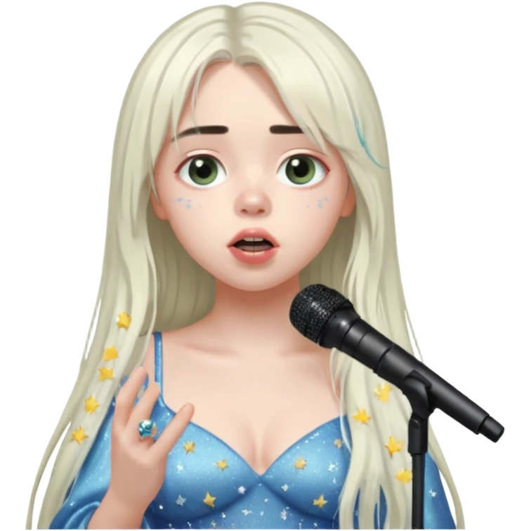 billie eilish is singing, holding mirco and twinkle dresss, white long hair, thin  emoji