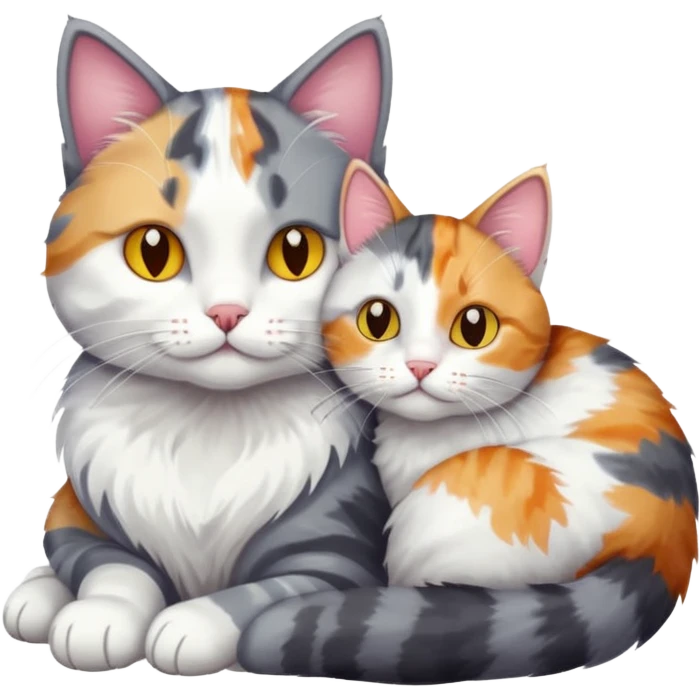 grey and white cat cuddling a colourful light patched calico + white tabby cat emoji