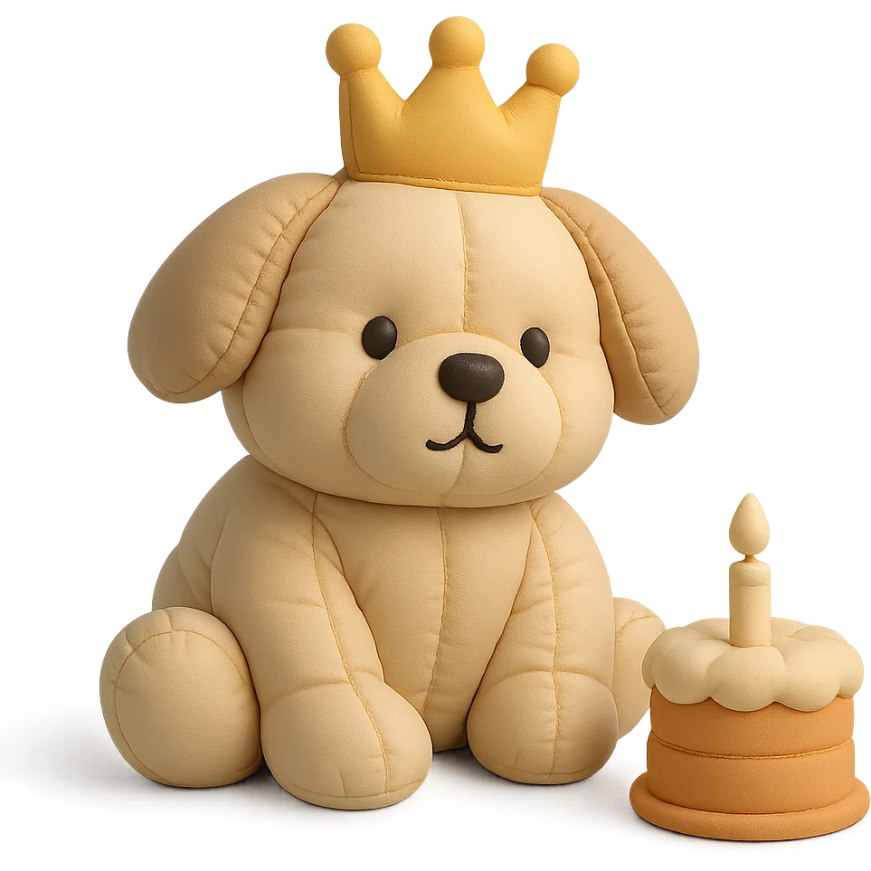 puppy with a birthday crown sitting beside a mini cake, cushion style emoji