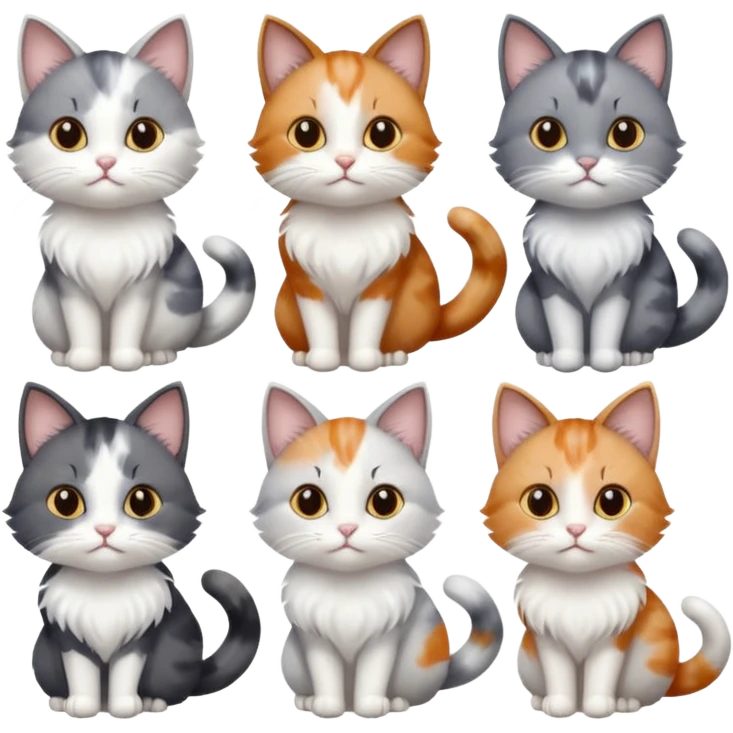 6 realistic looking cats with different natural coloured coats, assorted grey and white, greys, calico, brown and white colours etc
 emoji